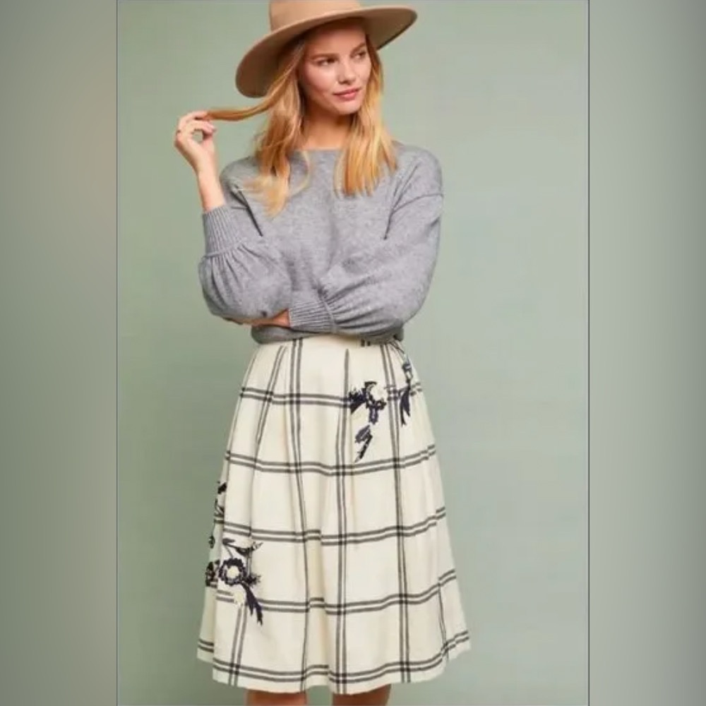 Anthropologie Embroidered Windowpane Linen Skirt NWT